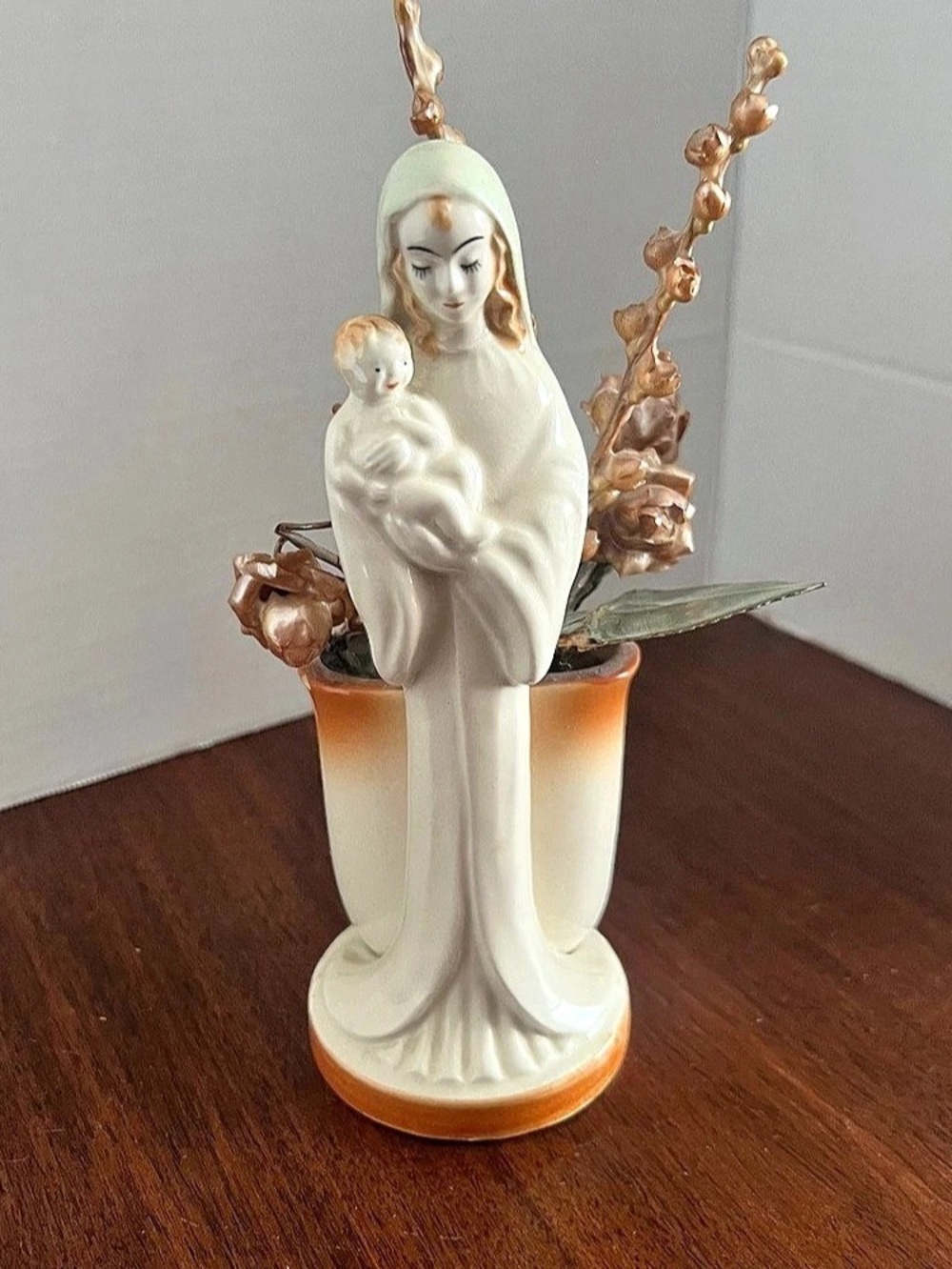 Ceramic Madonna and Child Floral Figurine Decor